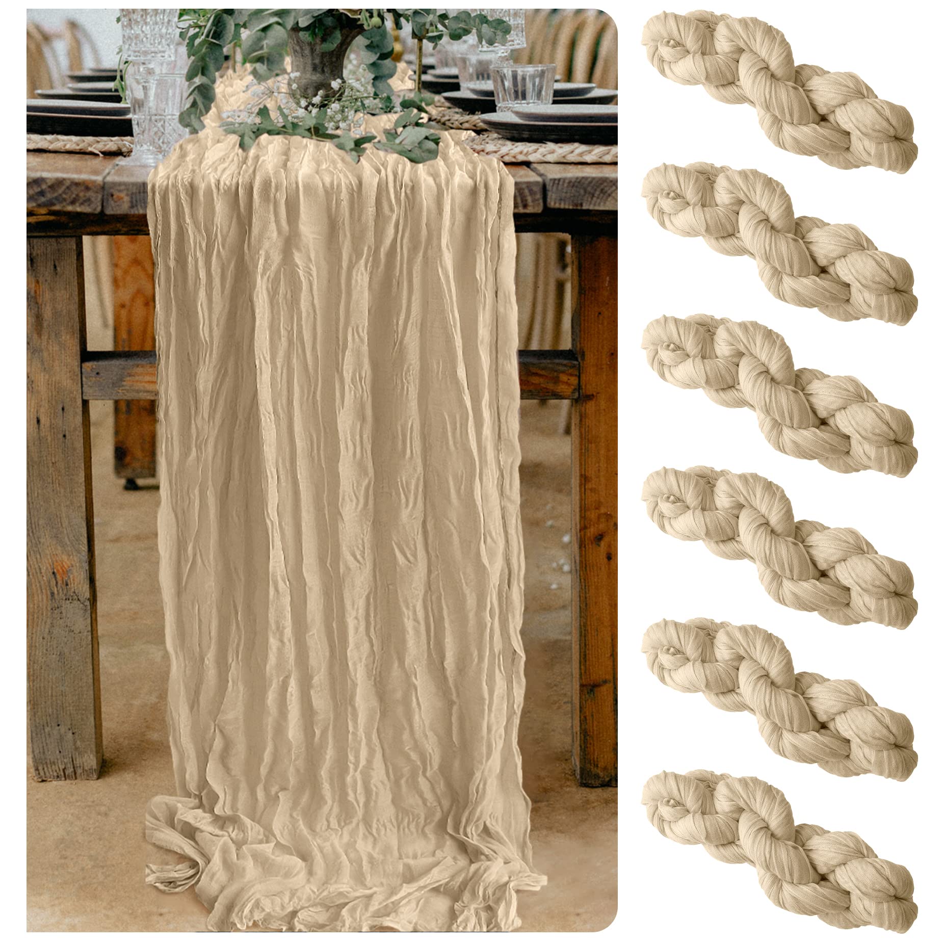 Photo 1 of 6 Pieces Beige Cheesecloth Table Runner 10 Ft Cheese Cloth Gauze Table Runner for Boho Rustic Wedding Arch, Baby and Bridal Shower, Birthday Party Centerpiece Thanksgiving Decorations