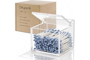 Dealpoli Clear Acrylic Qtip Holder With Lid Cotton Balls Swab Organizer,Square Q Tip Storage, Floss Picks, Bath Salts, Cotton Wab Holder,Home Bathroom Decor (DP011)