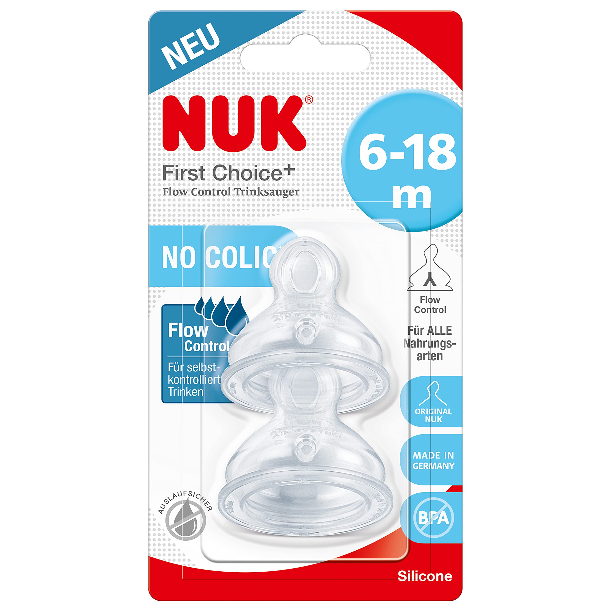 NUK First Choice+ Teats for Baby Bottles | 6-18 Months | Flow Control | Anti-Colic Vent | BPA-Free | 2 Count