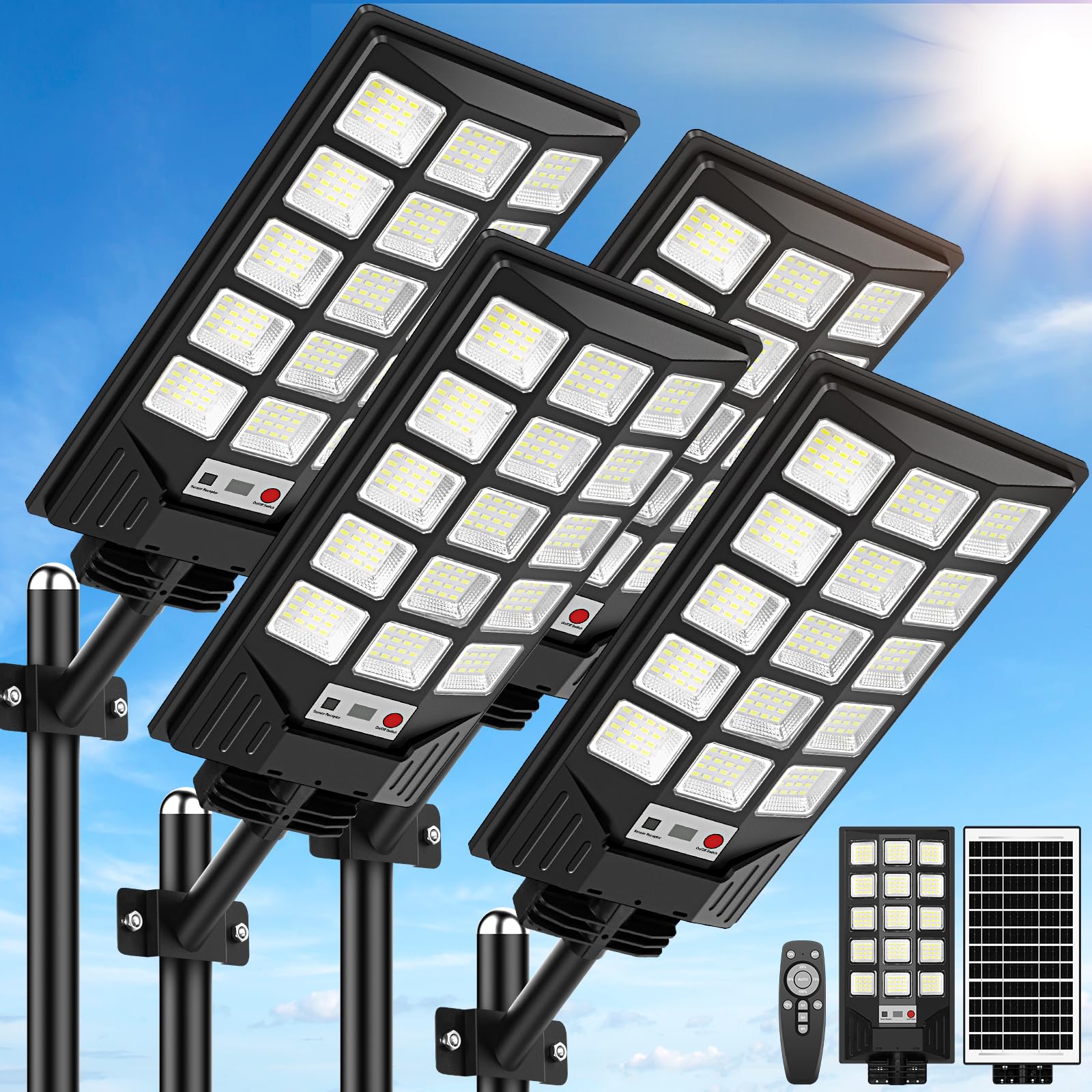 Photo 1 of Solar Street Lights Outdoor Waterproof, 30000LM 6500K LED Motion Sensor Lights, Solar Flood Lights with Remote, Dusk to Dawn Solar-Powered Parking Lot Light, Commercial Area Lighting for Yard, 4-Pack