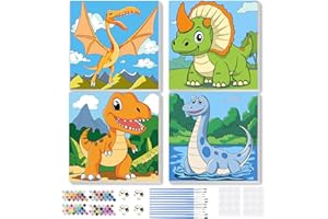 MEIYUDA 4 Pack Dinosaur Paint by Numbers Framed for Kids, Animals Kids Paint by Numbers Kit for Ages 4-8-12, Children DIY Cut