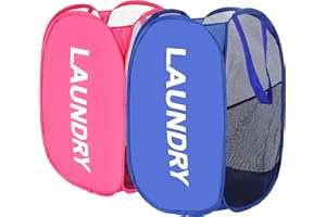 BENJUN 2 Pack Mesh Laundry hamper,collapsible Laundry basket,Easy to Open and Fold for room storage,and Side Pockets Carry Handles for Kids Room,College Students Dorm or Travel (Rose+Dark Blue)