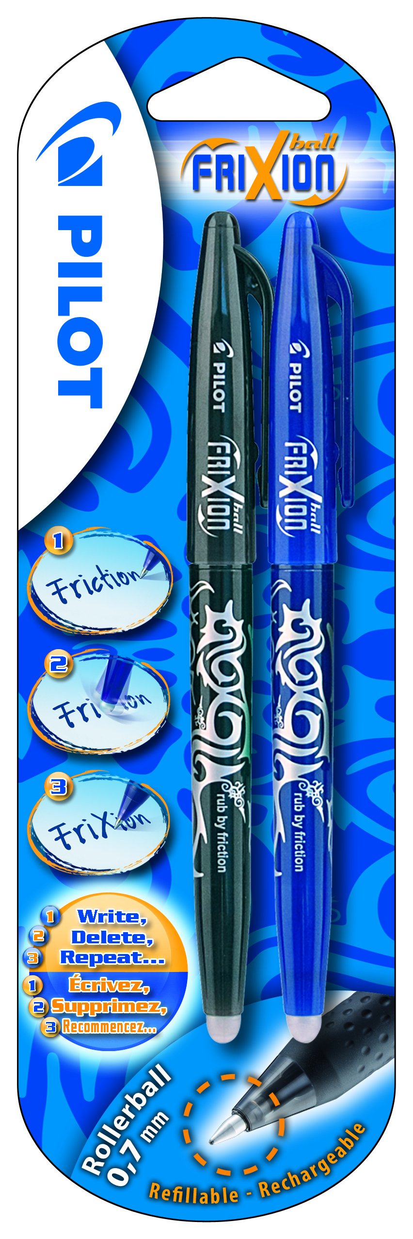 Pilot Frixion 0.7 mm Rollerball Pen - Blue/Black (Pack of 2), 224200213