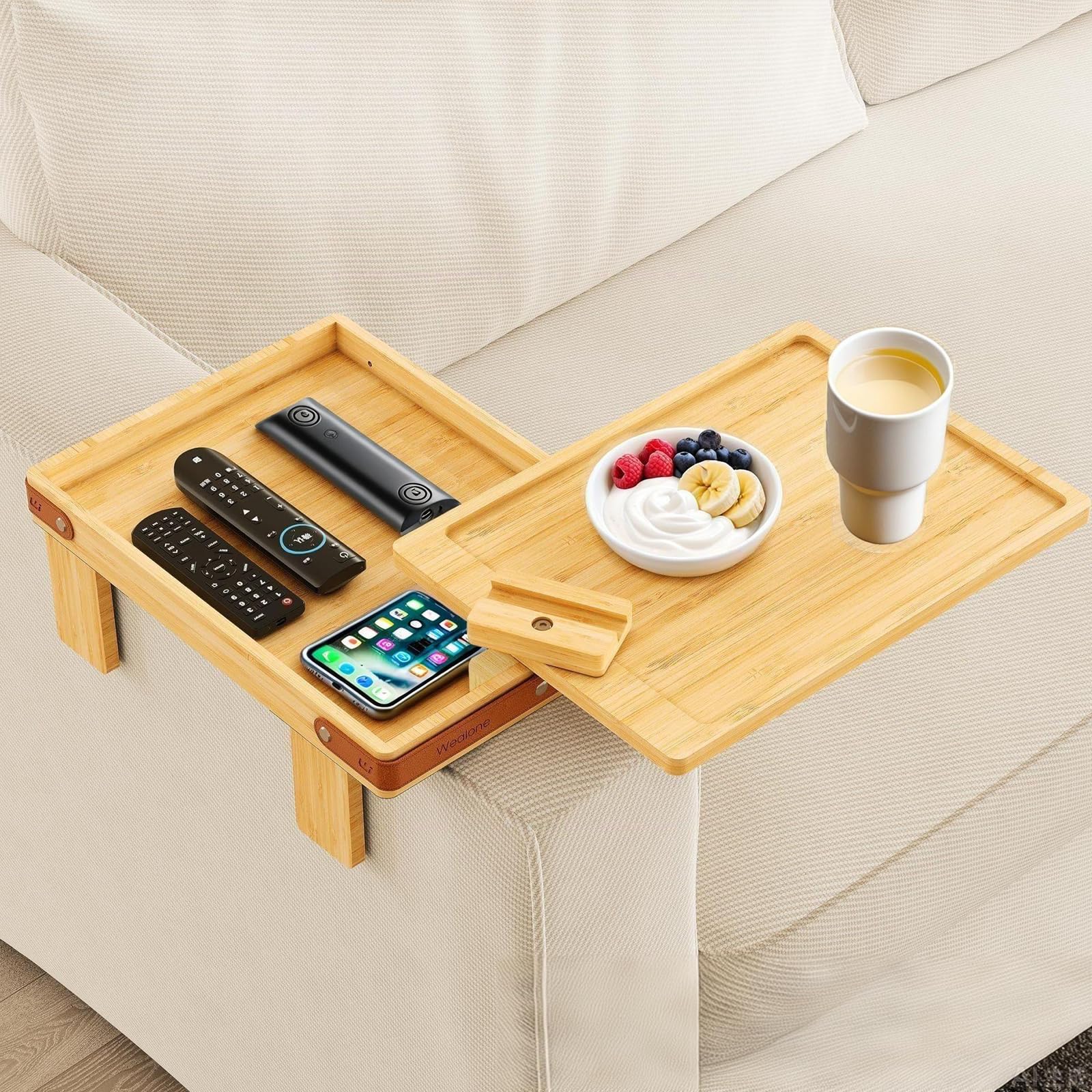 Photo 1 of Ankuce Bamboo Sofa Arm Tray, 360° Rotating Storage Organizer, 14.2x11.8x12.6 inches, Fits 6.7-9.7 inch Wide Couch
