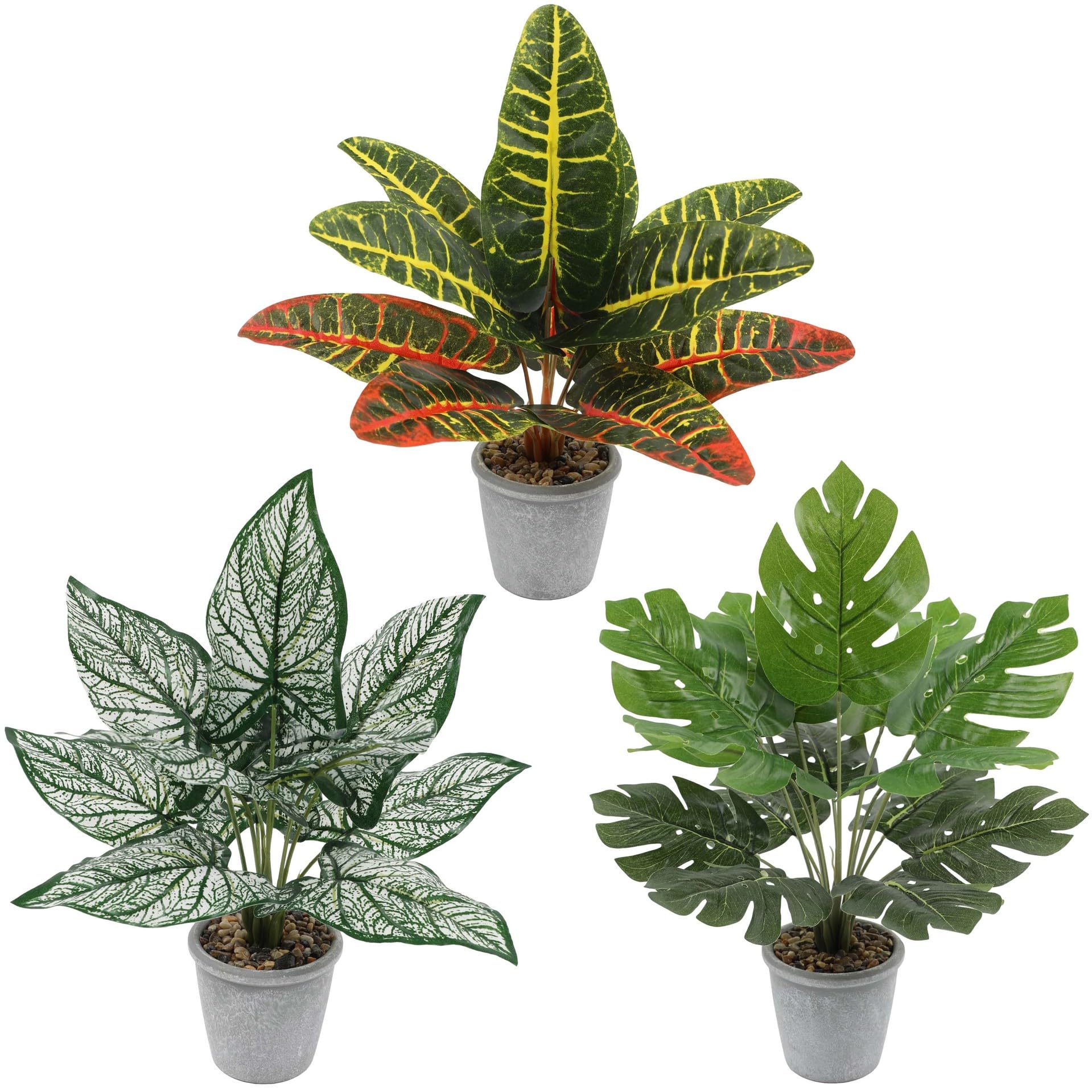 3 Pack 14in Tall Artificial Faux Plants in Pots Fake Plant Decorative for Greenery Home Bedroom Garden Indoor Outdoor Farmhouse Shelf Decor (Variegated wood, Turtleback Leaf, White Taro Leaf)