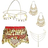 ORAZIO 4 Sets Women's Belly Dance Accessories, Hip Scarf Wrap Belt, Small Coins Hair Chain Tassel Anklet Bracelet