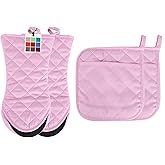 ARCLIBER Oven Mitts and Potholders,4PCS Heat Resistant Kitchen Gloves,Non-Slip Rubber Surface 2 Oven Mitts,2 Pot Holders for Cooking,Baking,Grilling,Barbecue,Pink