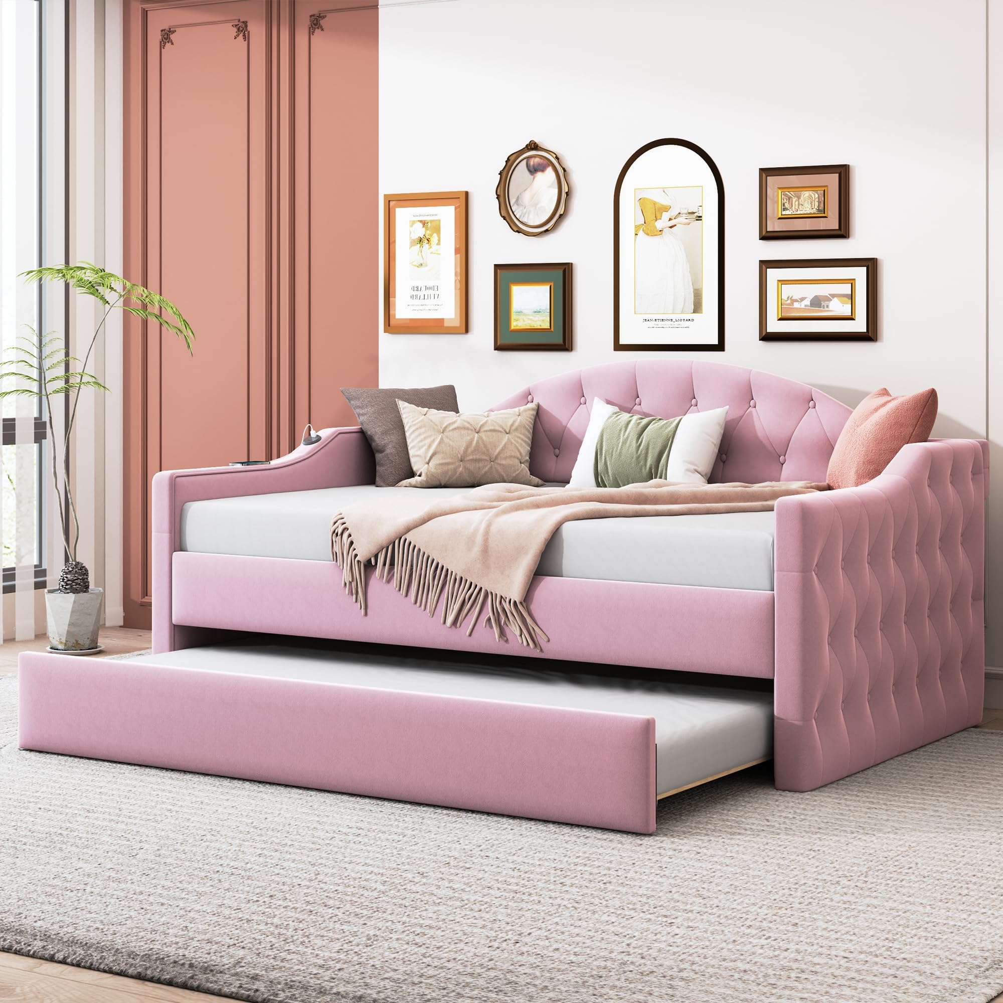 Photo 1 of ***Partial SET BOX 2/2 only***
Merax Twin Size Velvet Daybed with Trundle, with Pull-Out Wheels Tufted Upholstered Sofa Bed with USB & Type-C Charging Ports, No Box-Spring Needed, Pink