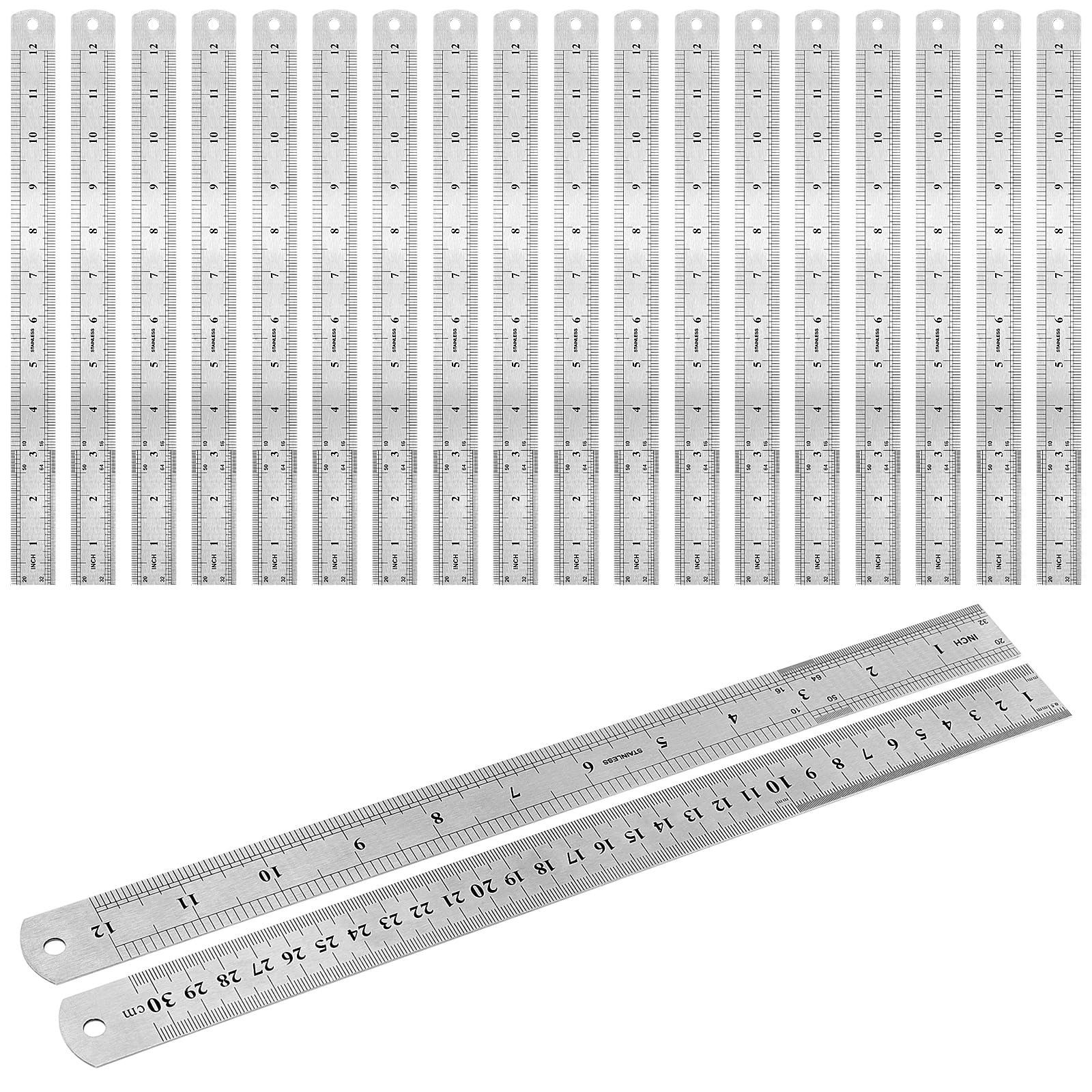 MAKTSAM 20PCS 12 Inch/30 cm Stainless Steel Rulers Bulk, Straight Edge Metric Metal Rulers with Hanging Hole for Drawing, Measuring