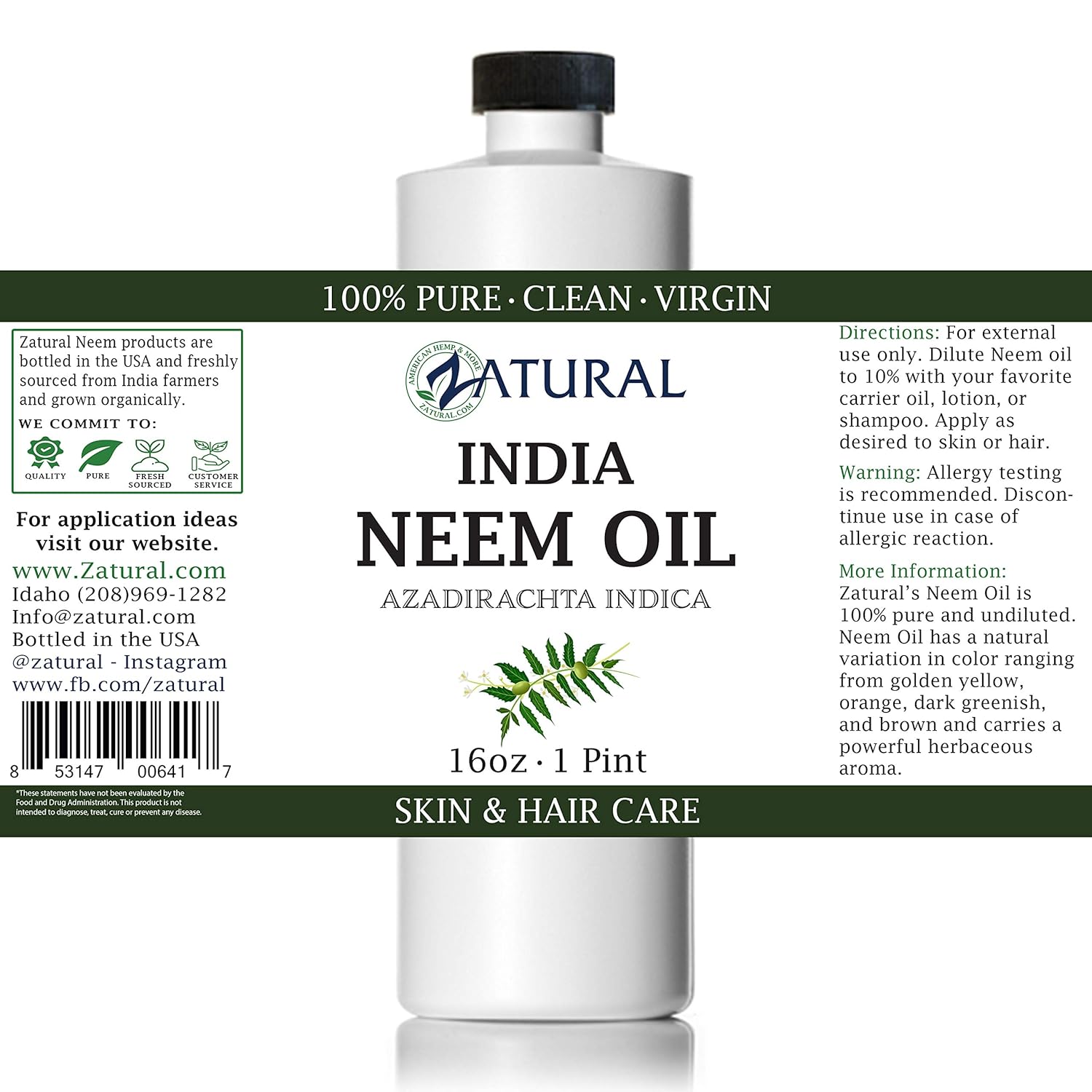 Organic Neem Oil (16 oz) 100% Pure Cold Press Skin, Hair, and Nails : Beauty