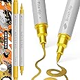 ARTISTRO 2 Gold Dual-Tip Acrylic Paint Pens - Multisurface Markers for Fabric, Plastic, & More, 1 mm Fine & Brush Tips