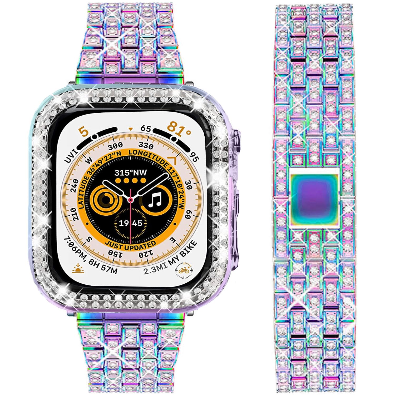 DEALELE Starp and Case Compatible with Apple Watch Ultra 2 / Ultra 49mm, Bling Rhinestone Diamond Metal Bracelet with Protective Case Cover Replacement for iWatch Series 10/9 / 8 Ultra (Rainbow)