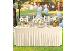 PARTISKY Pearled Ivory Spandex Table Skirts Table Covers for Rectangle Tables 4ft, Pearled Ivory Stretchable Folding Table Cloth for Weddings, Birthday Parties, Banquet, Baby Shower