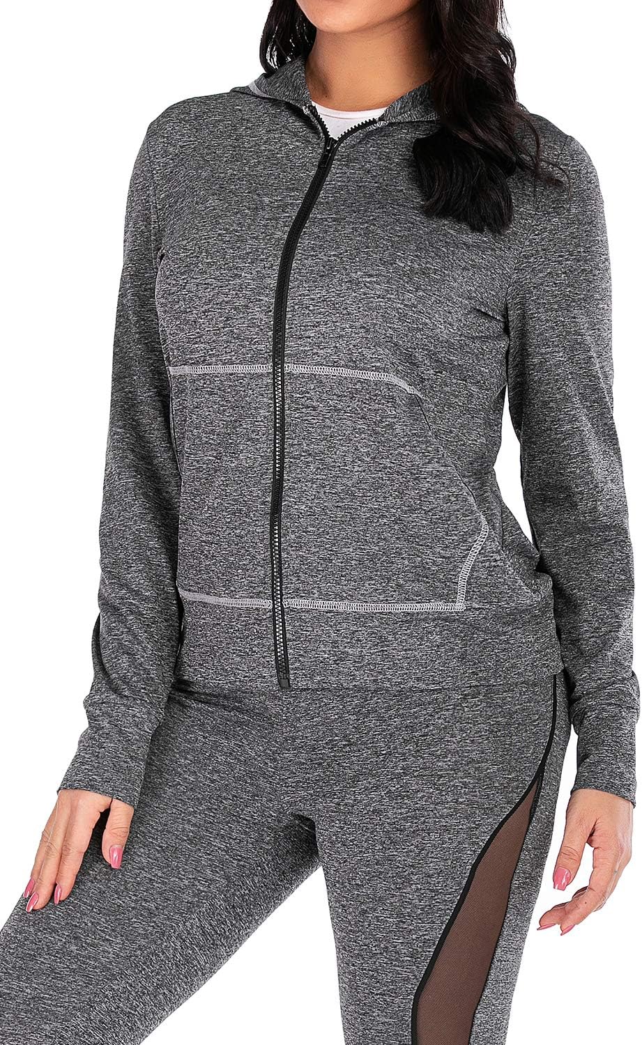 VZULY Women's Full-Zip Hooded Long Sleeve Pockets Workout Running Yoga Jackets Sports Athletic Stretch Sweatshirt S Black Grey