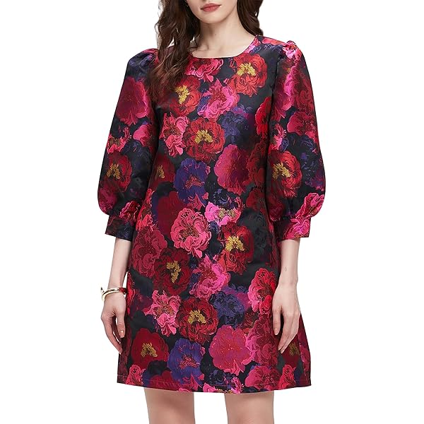 Ladyful Women's Floral Jacquard Shift Dress 2026 Long Puff Sleeve Button Up  Elegant Cocktail Party Mini Dress Black at Amazon Women's Clothing store