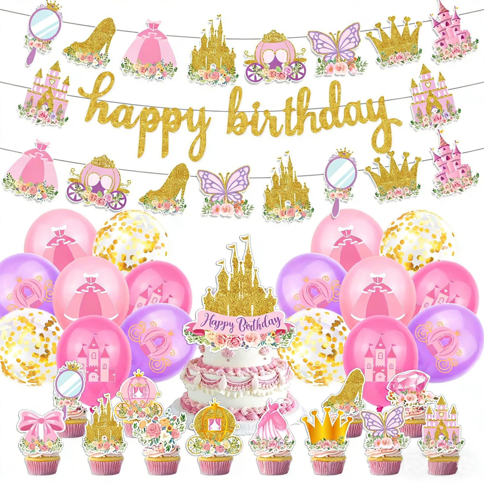 49Pcs Princess Birthday Decorations Set, Pink Party Supplies for Girls Birthday Party and Baby Shower, Princess Cake Toppers with Glitter, Castle Cake Pick, Princess Dress Balloons and Banner