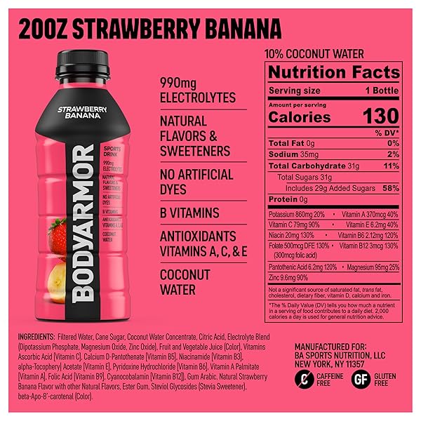 BODYARMOR SPORTS DRINK SPORTS BEVERAGE, STRAWBERRY BANANA, COCONUT WATER HYDRATION, NATURAL FLAVORS WITH VITAMINS, POTASSIUM-PACKED ELECTROLYTES, PERFECT FOR ATHLETES, 20 FL OZ (PACK OF 6)