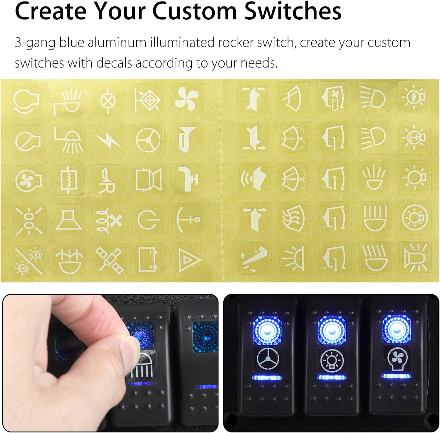 Linkstyle 3 Gang Car Boat RV Marine Switch Panel Rocker Switch Panel with Blue LED Light 5 Pin ON/Off Switch Panel with DIY Stickers Set: Automotive