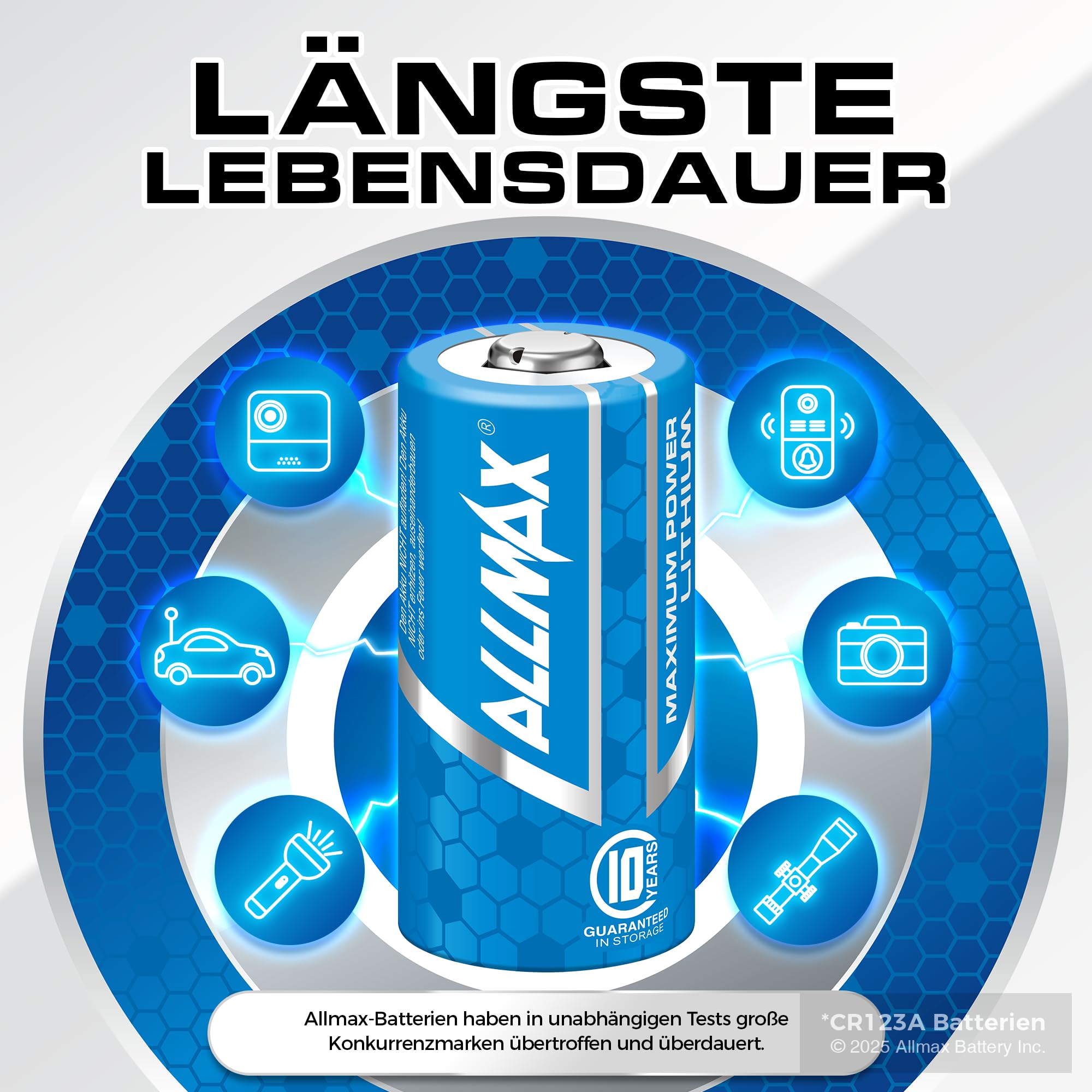Allmax CR123A Maximum Power Lithium Batterien (6 Stück) – Längste Lebensdauer, auslaufsicher, 10 Jahre Haltbarkeit, ultimative Leistung, perfekt für drahtlose Sicherheitssysteme (3 V) 3