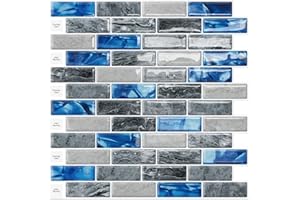 DEWOO Kitchen Backsplash Self Adhesive Wall 3D Marble Tiles Peel and Stick Bathroom, Blue (10-Sheet, 12"×12")