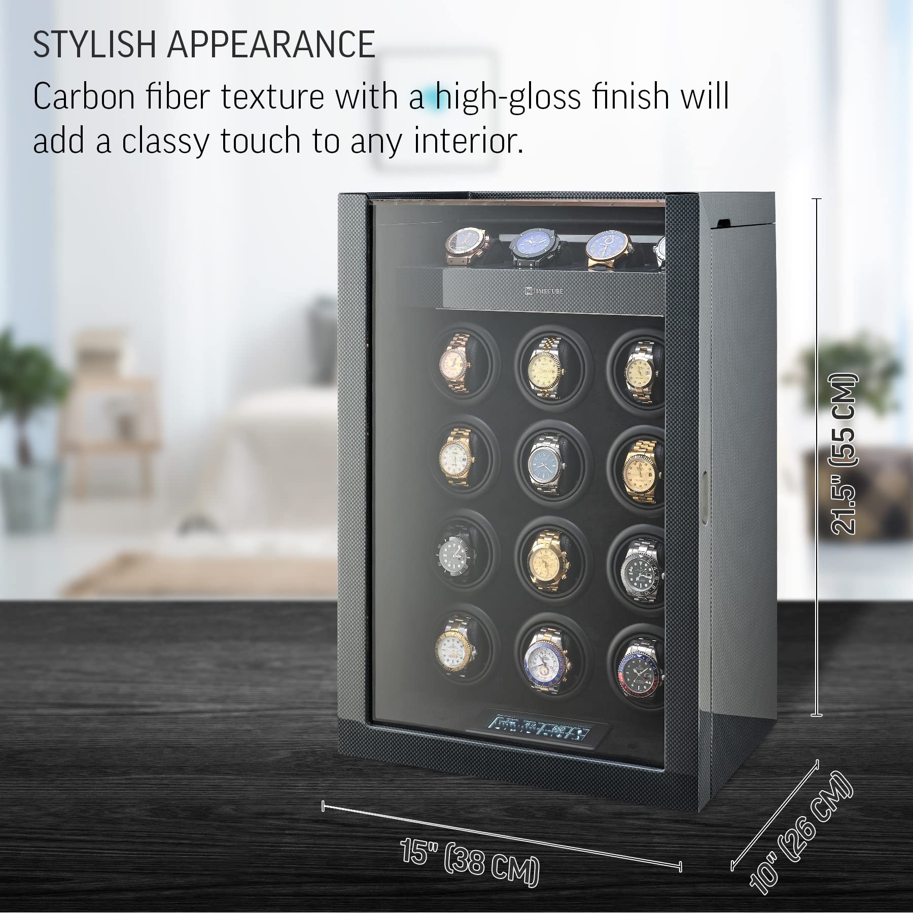 TIMECUBE Watch Winder for 12 Watches with Interior Light and 4 Watch Storage Slots (Carbon)