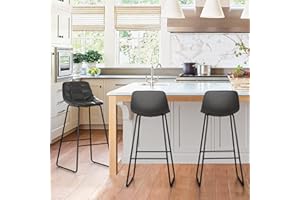 LUE BONA Upholstered Checkered Pattern Bar Stools Set of 3, Faux Leather 30 Inch Bar Height Chairs with Metal Legs for Kithchen Island, Black