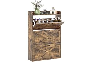 HOMCOM Narrow Shoe Cabinet for Entryway, Farmhouse Slim Shoe Storage Cabinet with 3 Flip Drawers, Adjustable Shelves, Open Co