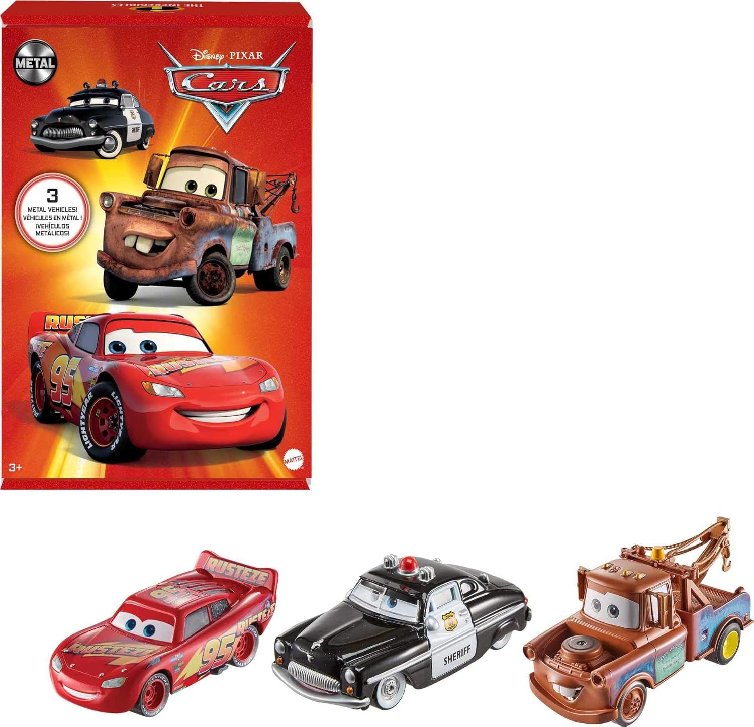 Disney Pixar Cars Radiator Springs Die-Cast Toy Vehicles 3-Pack, 1:55-Scale, With Lightning McQueen, Sheriff & Mater, Gift For Kids Age 3 Years and Older: Toys & Games