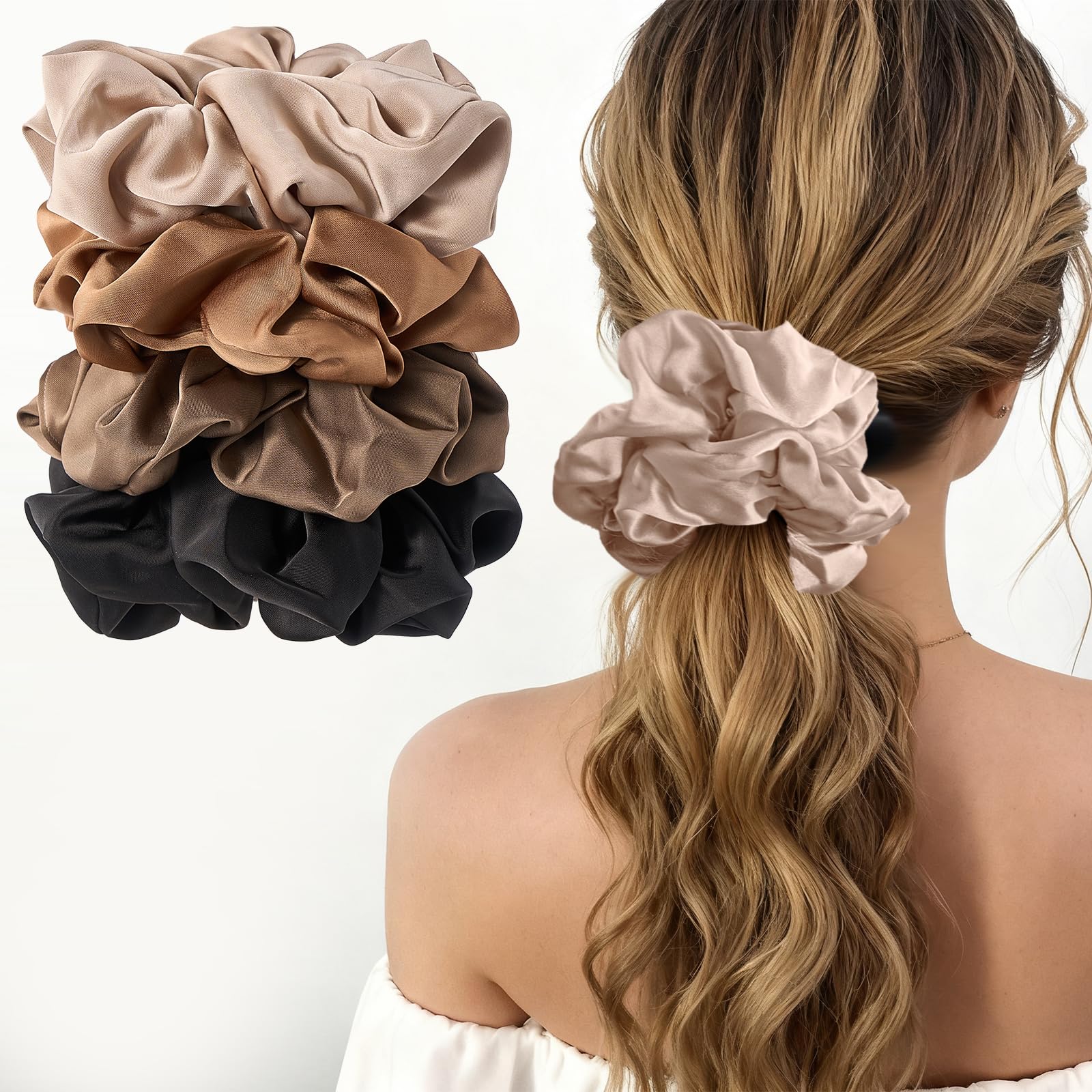 Lolalet Large Hair Bobbles Silk Scrunchies Satin for Women Hair Scrunchies Soft Elastic Silk Skrunschis Large for Women Girls 4 Colours - B