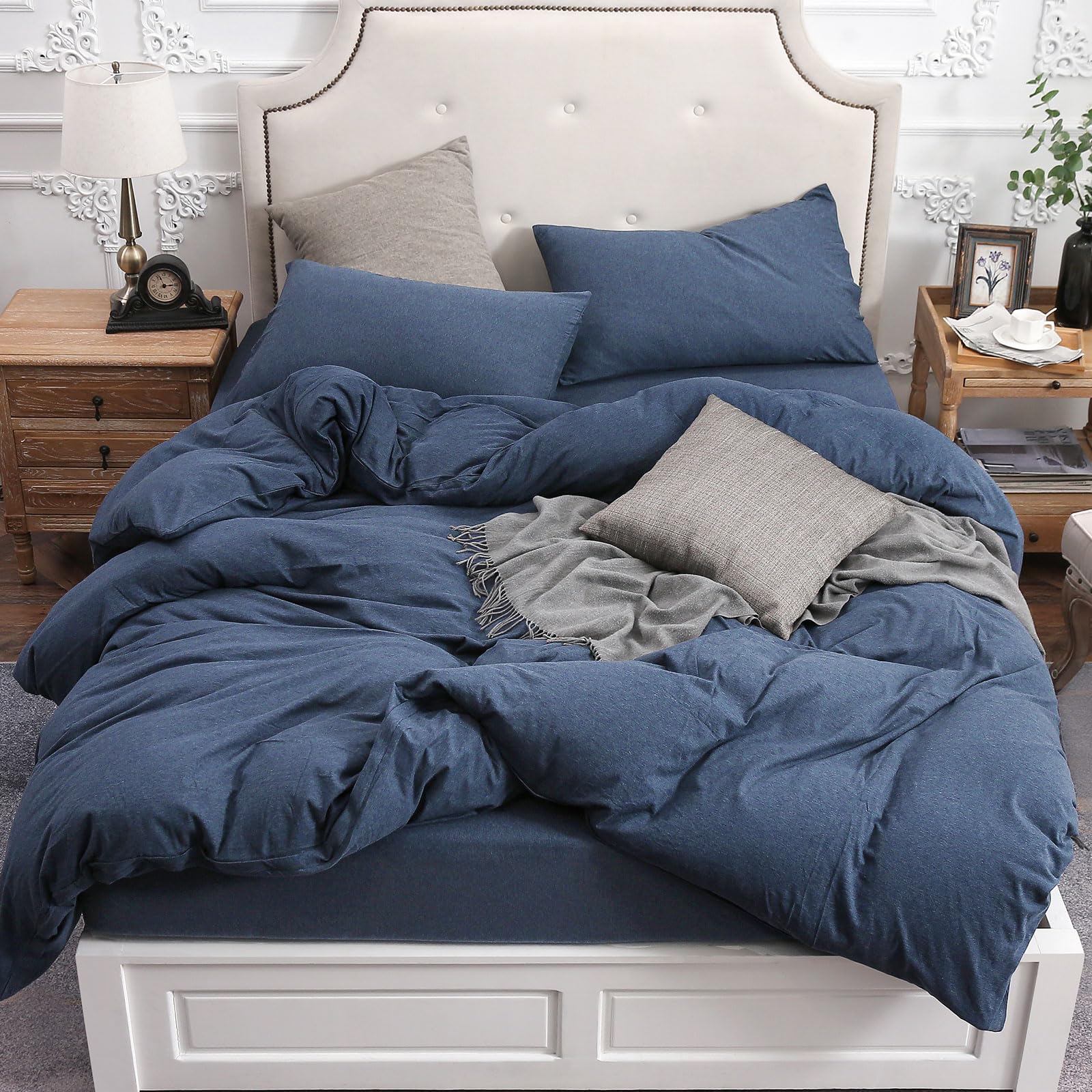 Photo 1 of PURE ERA Jersey Knit Duvet Cover Set 100% T-Shirt Cotton Super Soft Comfy 3pc Bedding Set with Zipper Closure (Heather Navy Blue, Queen)