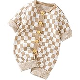 Unisex Baby Girl Boy Knitted Romper Jumpsuit Checkerboard Plaid One Piece Button Down Sweater Playsuit Clothes
