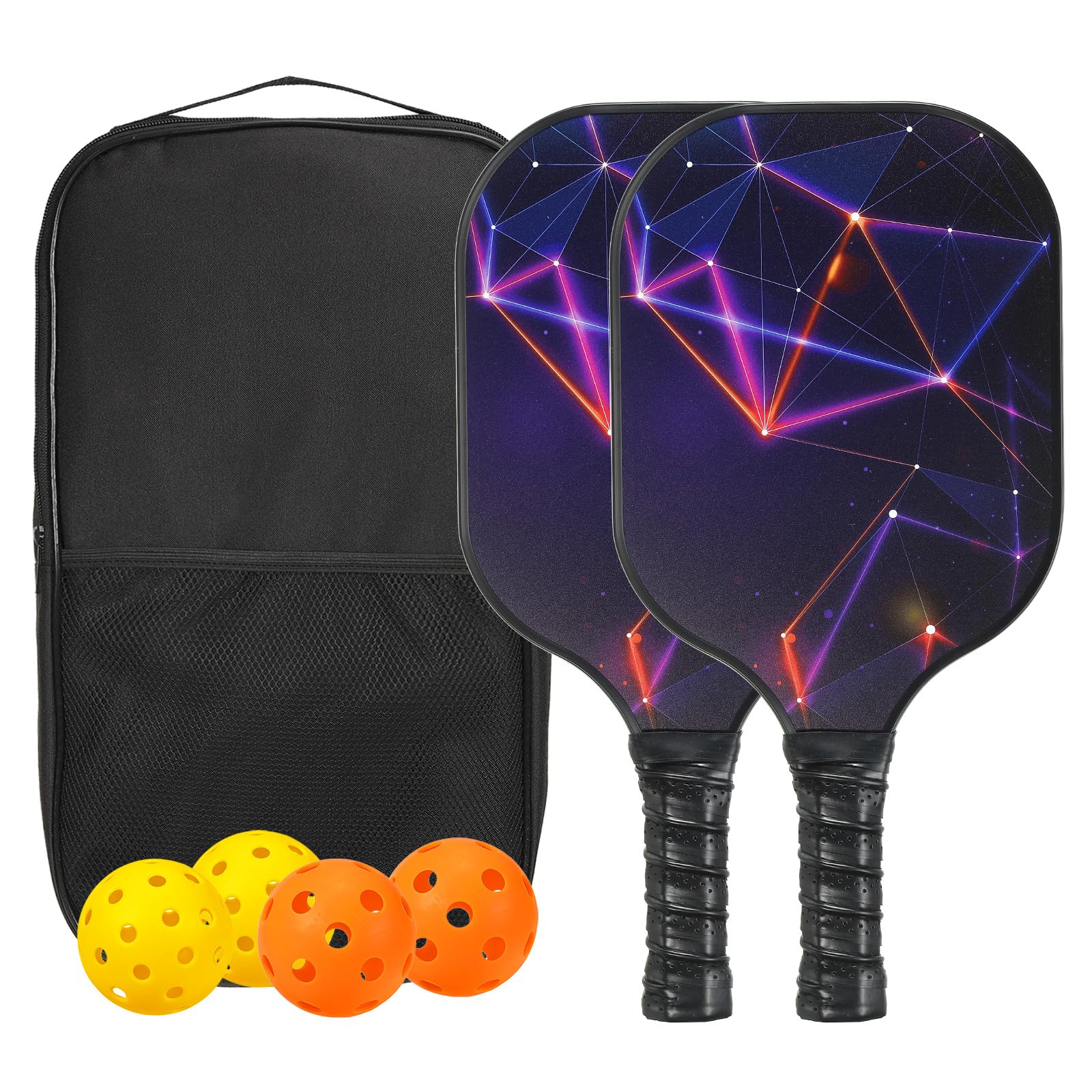 PATIKIL Pickleball Paddles Set, USAPA Approved Fiberglass Surface Pickleball Rackets with Overgrip, 2 Paddles, 4 Pickleballs,1 Carry Bag for Men Women, Geometric Purple