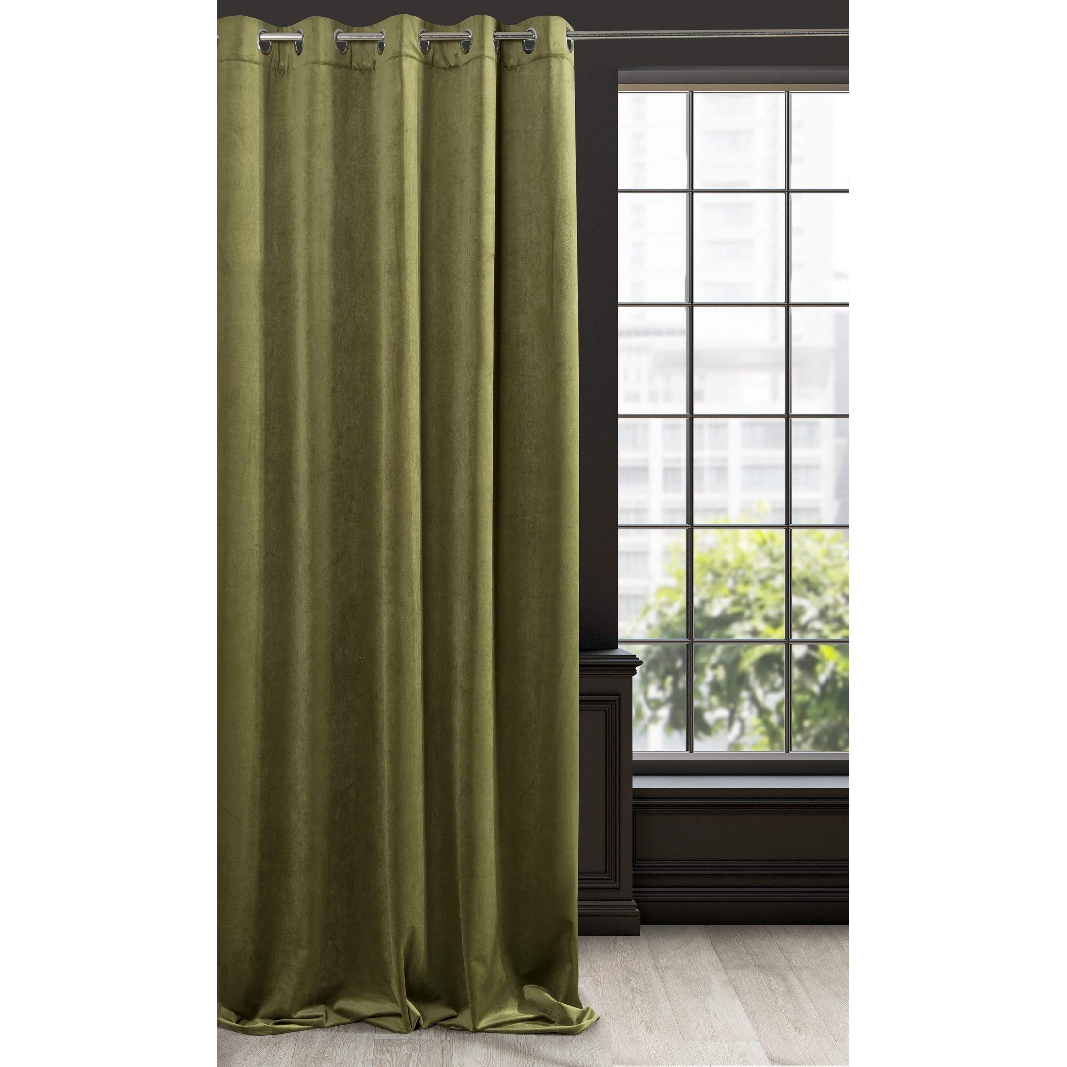 Eurofirany Soft Plain Opaque Velvet Curtain with Eyelets - 1 Unit, Thick Fluffy Panel Drape Classic Glamour Elegant Living Room Bedroom, W55'' x L98.4'', 140x250 cm, Olive Green