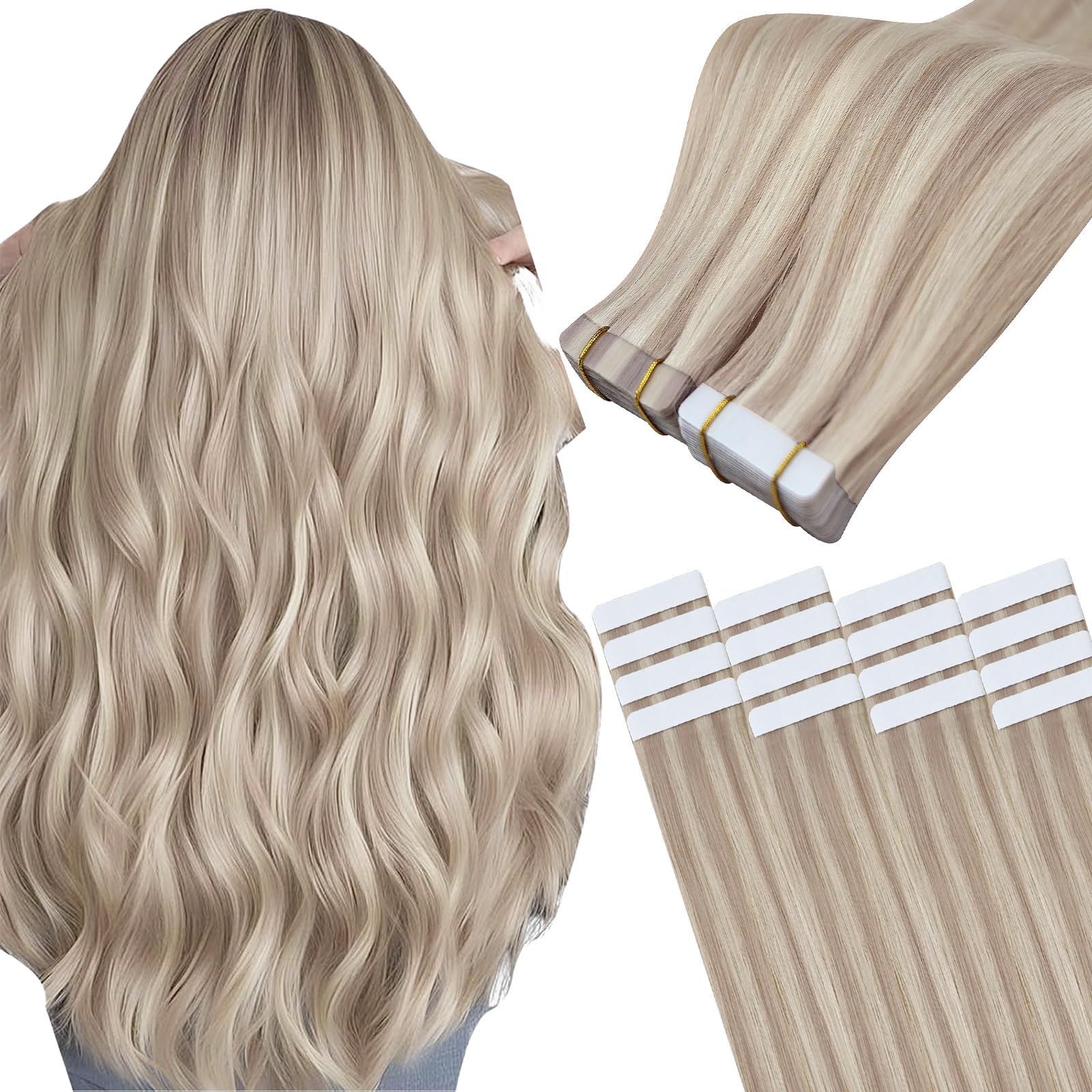 Easyouth Blonde Tape in Hair Extensions - Ash Blonde Highlight, Human Hair, 12 Inch, 30g, 20pcs — image 1