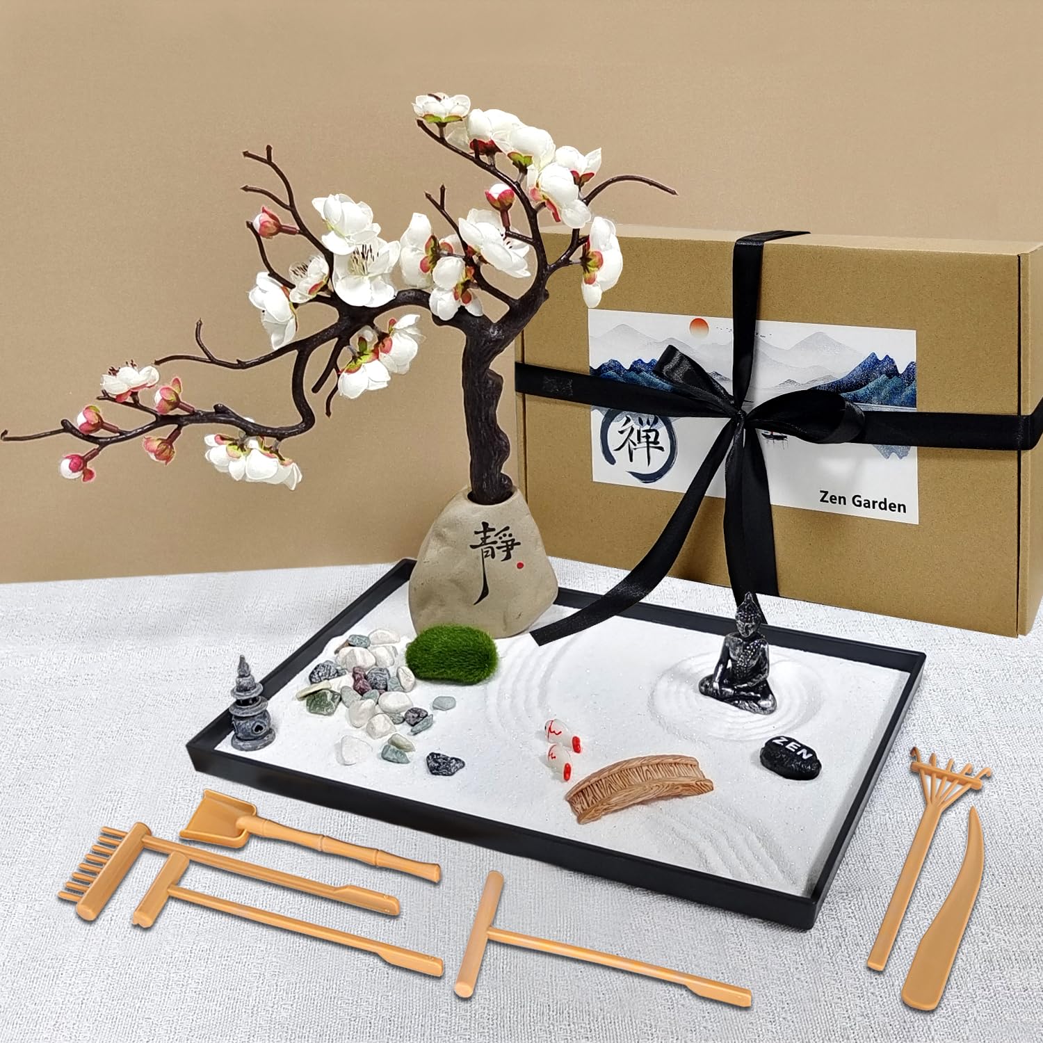 LuXianYS Japanese Zen Garden Kit, Mini Zen Garden Home Decoration, Zen Sand, Mini Sand Rock Ornament, Meditation Accessories and Gift, Japanese Garden Ornaments