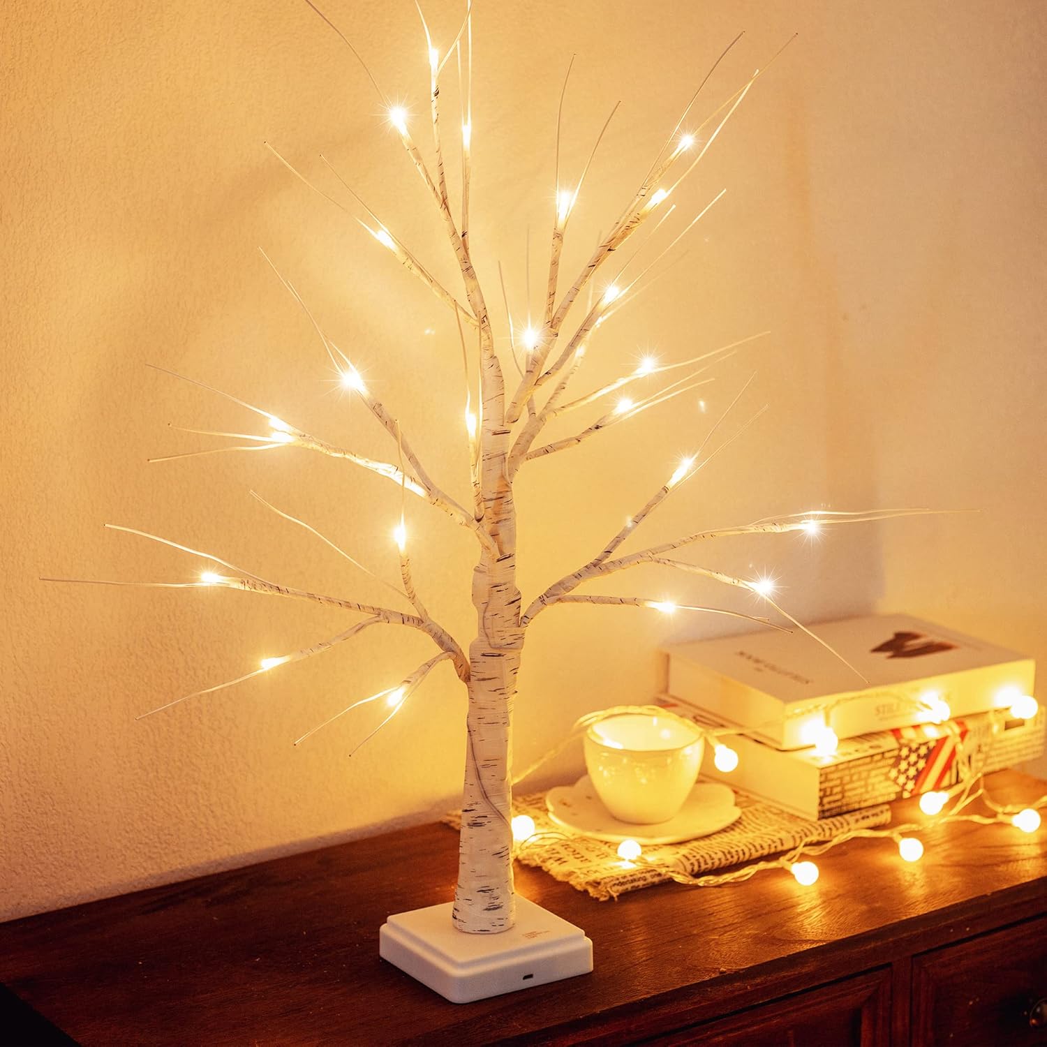 Trees - Woohaha 2FT Lighted Birch Tree with 24L Warm White LEDs,Mothers Day Decoration,Battery Powered Timer Money Tree,Artificial Mini Christmas Tree Gift Card Tree for Home Party Wedding