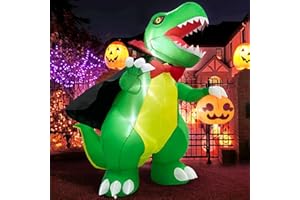 MICOCAH 6 FT Outdoor Halloween Inflatables Dinosaur Blow Up Decorations Wearing Vampire Cloak & Holding Pumpkin, Built-in LEDs Lights Halloween Yard Decor for Indoor Party Garden Lawn Holiday