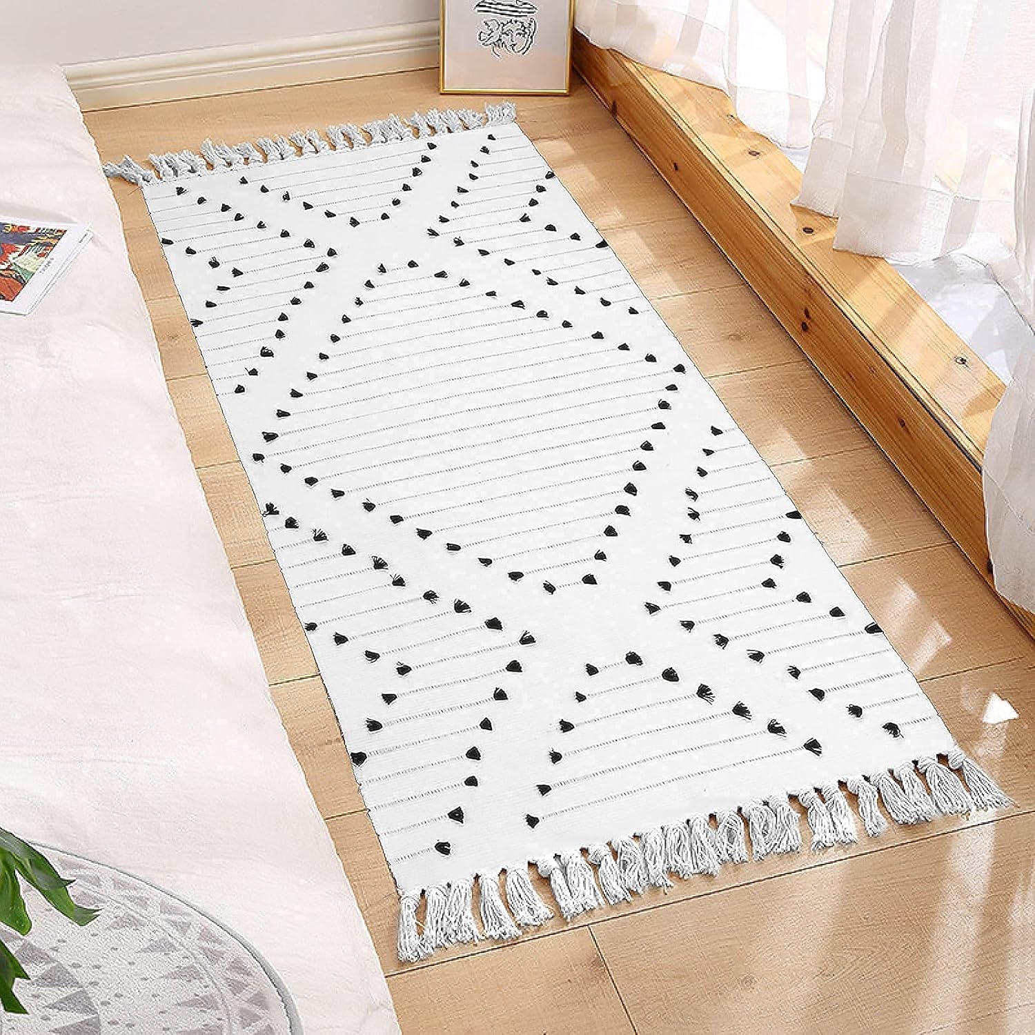 Boho Bedroom Rug 2 x 4.3',Woven Cotton Washable Runner Rug with Tassel Moroccan Tribal