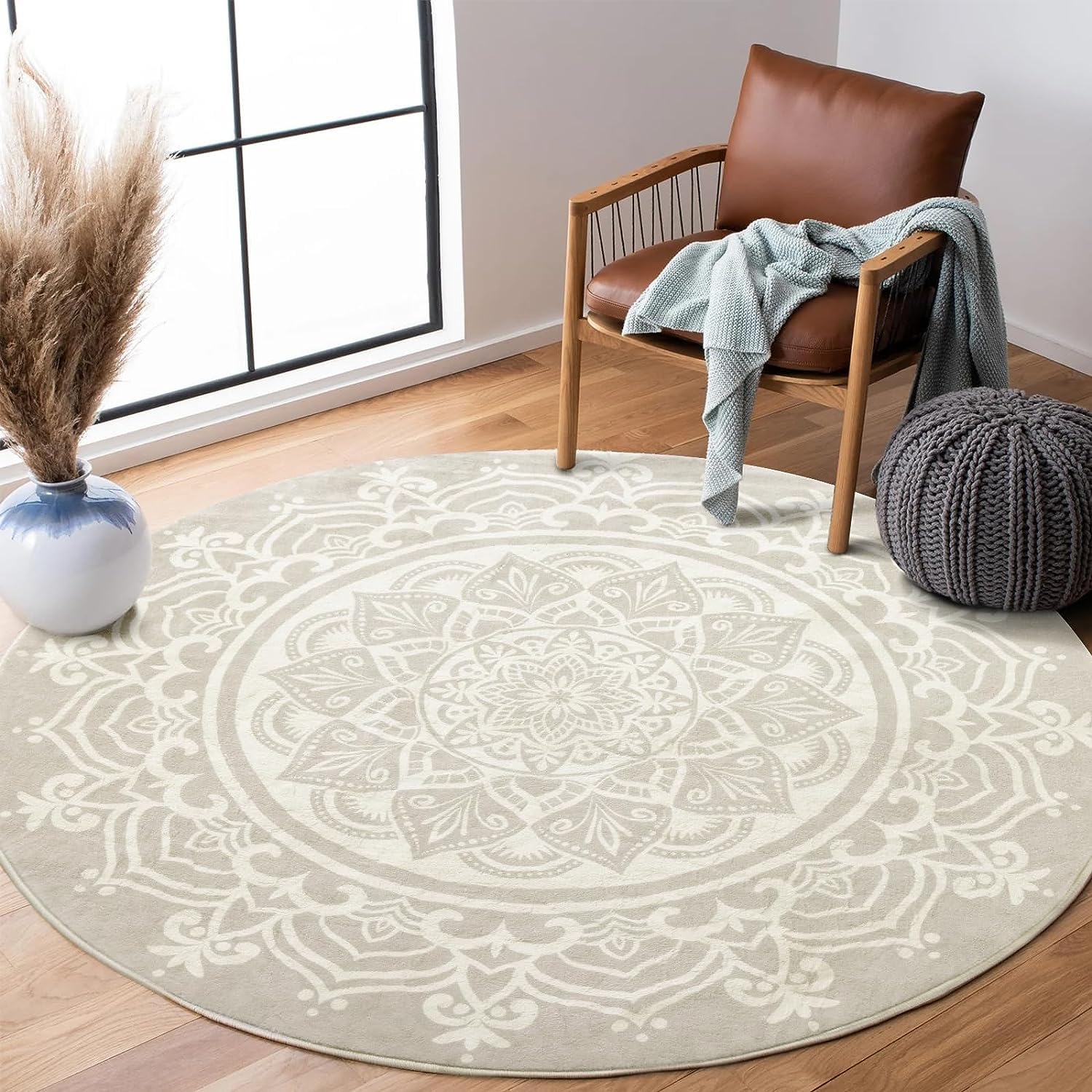 Carvapet Round Area Rug 120cm/4ft Soft Fluffy Circle Carpet Rug Short Pile Non Slip Washable Bohemian Mandala Floor Round Rugs for Living Room Bedroom(Grey)