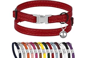 BUDKAS Leather Cat Collar with Buckle and Removable Bell - Non Breakaway Adjustable Soft Safety Small Pet Collars for Girl Boy Cats Kitten (Red)