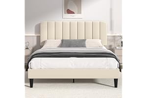 VECELO Full Size Upholstered Bed Frame with Adjustable Headboard, Velvet Platform Bedframe Mattress Foundation, Strong Wood Slat Support, No Box Spring Needed, Beige