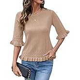 AKEWEI Womens 3/4 Sleeve Sweater Crewneck Knit Peplum Tops Lightweight Casual Pullover Cropped Sweaters