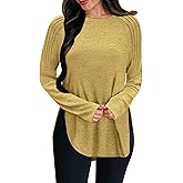 COCCKO Womens Long Sleeve T Shirts Fall Fashion 2025 Crew Neck Pleated Side Split Tunic Tops To Wear With Leggings