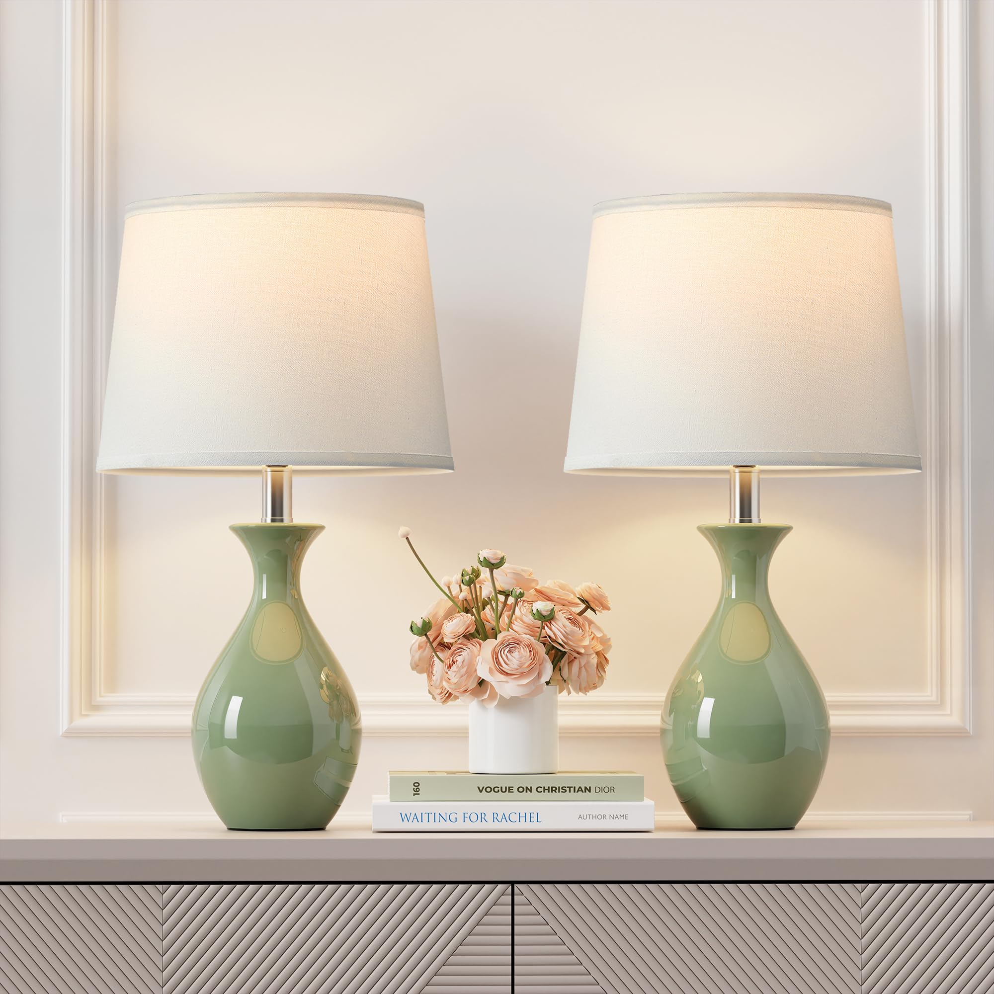 Photo 1 of PARTPHONER Table Lamp Set of 2, Modern Ceramic Bedside Lamps for Night Stands, Classic Small Lamp Nightstand Lamp for Bedroom Living Room Desk End Table Rocker Swtich Sage Green