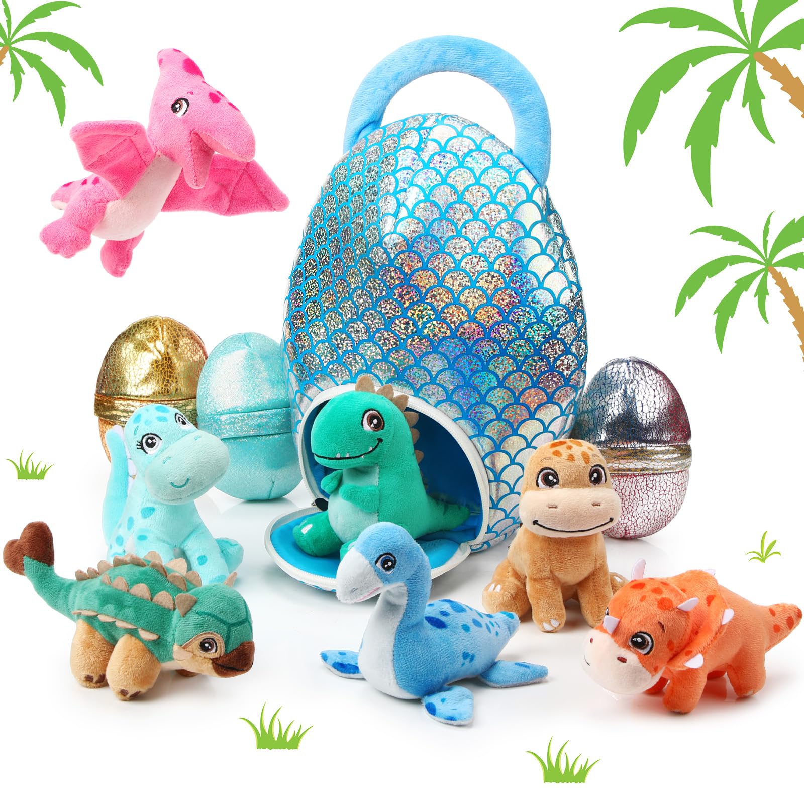 Zhanmai 11 Pcs Easter Dinosaur Stuffed Animal Small Dino Plush Toy and Egg Bag Set Cute Stuffed Dinosaur Animals Plush Toys Soft Stuff Animals for Birthday Dino Themed Party(Sequin)