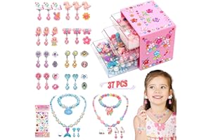 MIORAM Toys for Girls Jewelry,37PCS Princess Toddler Girl Toys Age 6-8 for Pretend Play & Dress Up, Adjustable Ring Clip on Earrings Kids Toy for 3 4 5 6 7 8 9 Year Old Girls Christmas Birthday Gifts Ideas