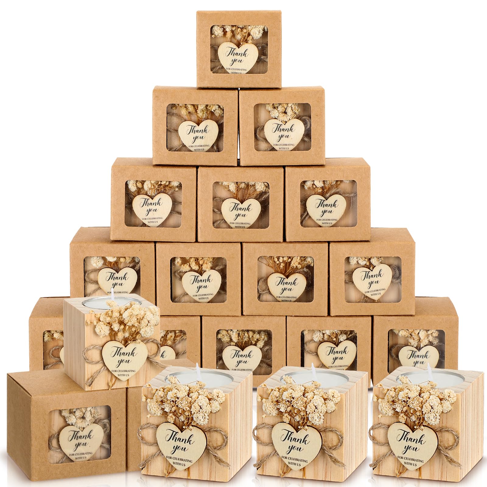 Photo 1 of Jingmore 50 Sets Wedding Candles Favors Bridal Shower Thank You Gifts for Guest Christmas Rustic Wood Candle Holders Bulk Tealight Holder Baptism Favors(Light Brown)