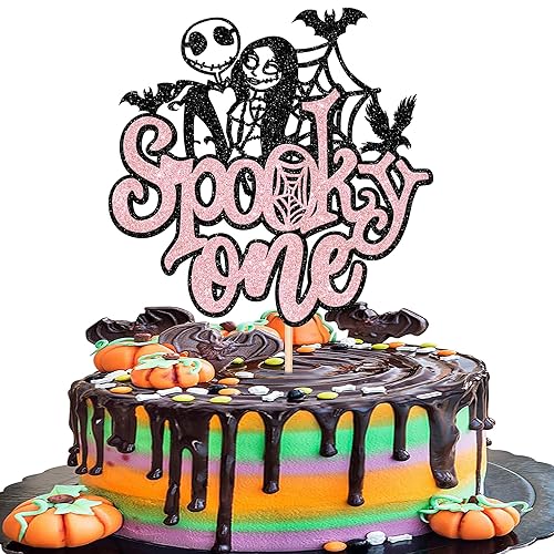 Xsstarmi 1 Pack Spooky One Cake Topper Glitter Spider Web Bat Cake Pick Jack and Sally Halloween Cake Decorations for Happy Halloween Theme Baby Shower 1st Birthday Party Supplies Pink
