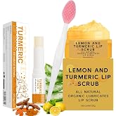 3PCS Turmeric and Lemon Lip Scrub &amp; Turmeric Lip Balm with Brush Set, Eliminate Lip Fine Lines, Lip Scrubber Exfoliator, Natural Nourish Sugar Lip Scrub for Dry, Dull Chapped, Dark Lips