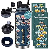 PJR Jsongos National Parks Water Bottle with 63 Waterproof Stickers – 32 oz Insulated Stainless Steel Bottle, 2-IN-1(Straw Spout)& Dustproof Lids, BPA-Free, Camping Hiking Travel Gifts (Blue)
